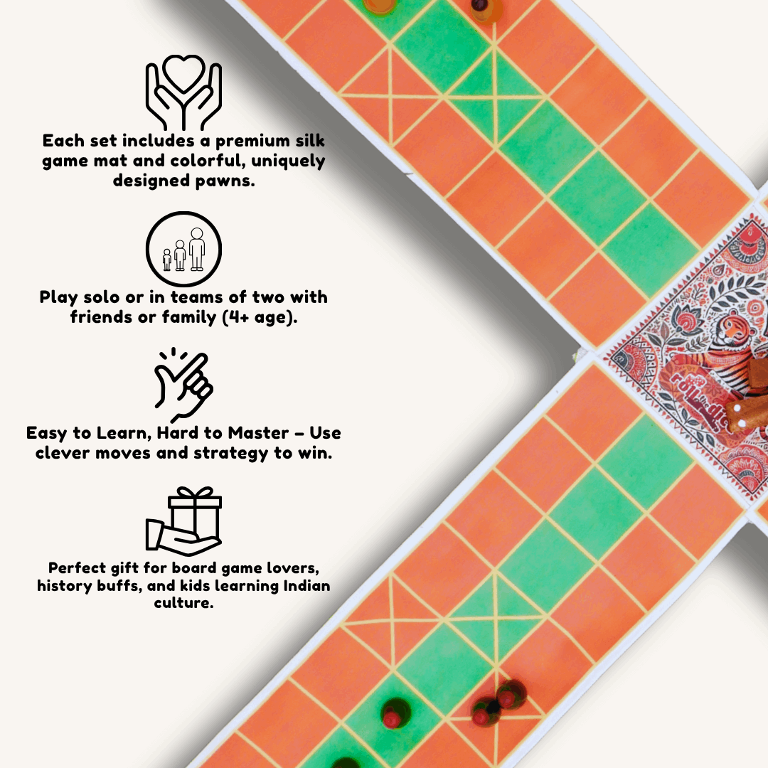 Colorful Pagade Indian board game set by Roll the Dice featuring traditional Pachisi design in four vibrant colors.