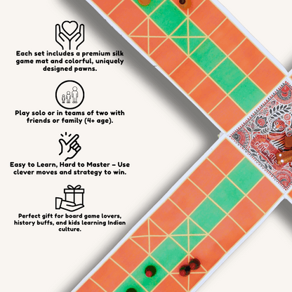 Colorful Pagade Indian board game set by Roll the Dice featuring traditional Pachisi design in four vibrant colors.
