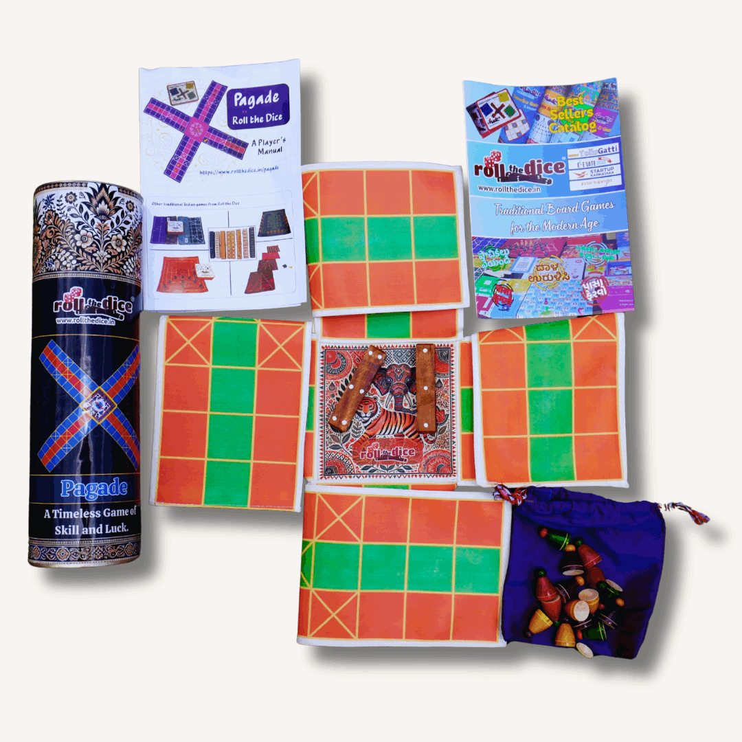 Colorful Pagade Indian board game set by Roll the Dice, featuring traditional Pachisi design and four vibrant color options.