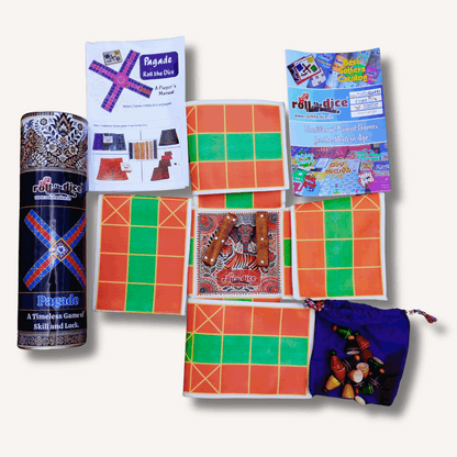 Colorful Pagade Indian board game set by Roll the Dice, featuring traditional Pachisi design and four vibrant color options.