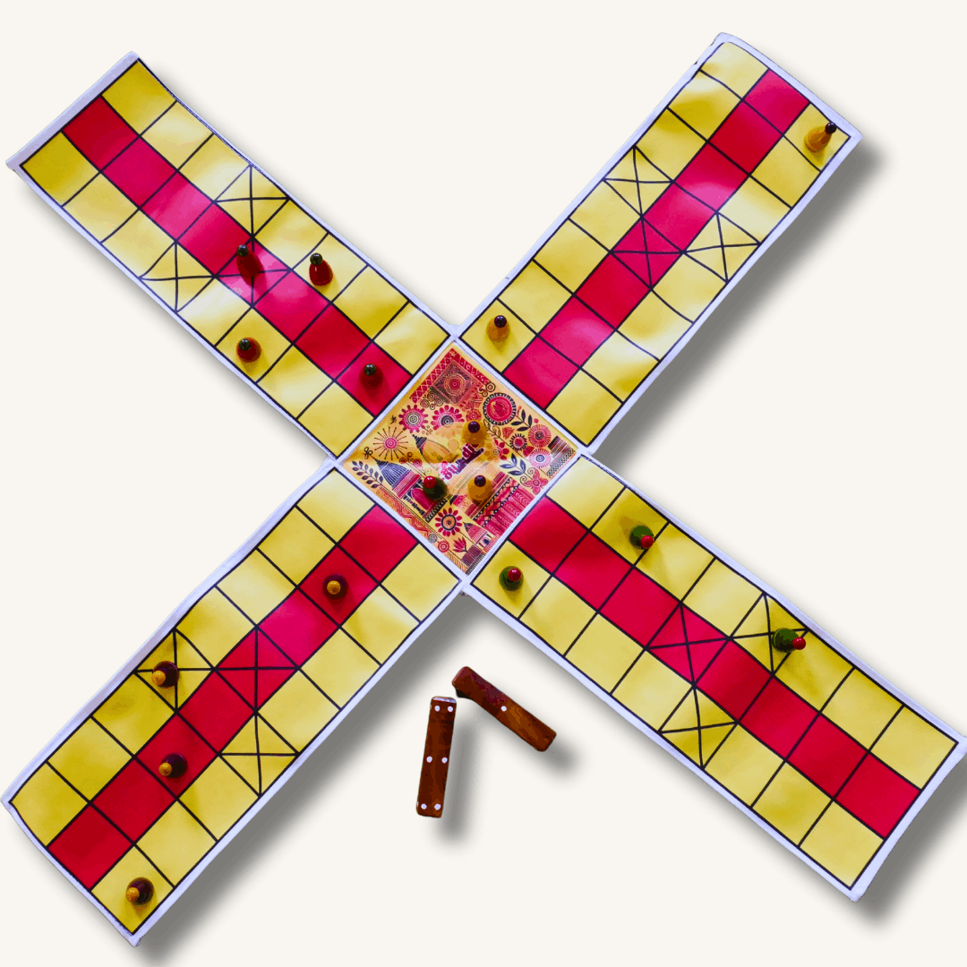 Colorful Pagade Indian board game in four vibrant colors, traditional Pachisi set by Roll the Dice, with game pieces and board layout visible.