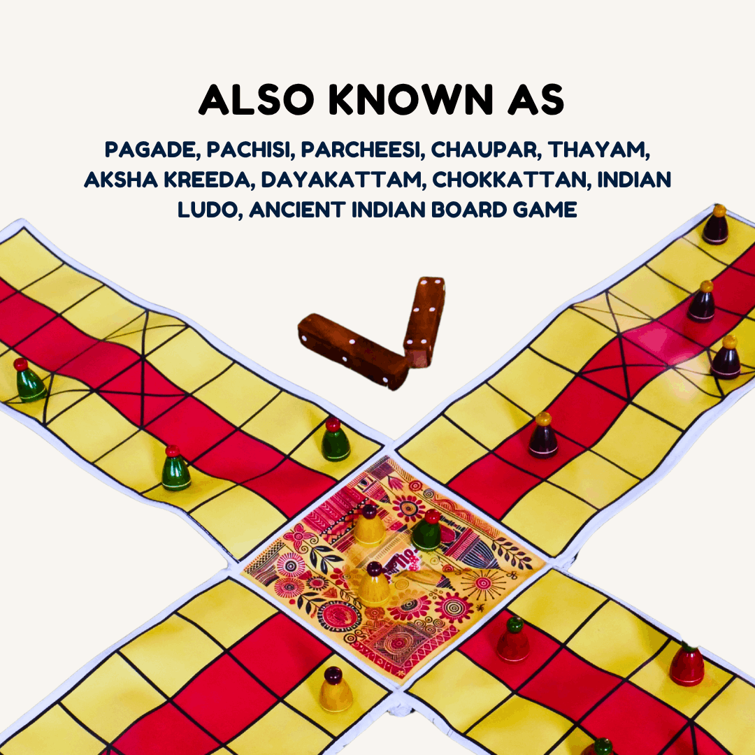 Colorful Pagade Indian board game set by Roll the Dice featuring traditional Pachisi design in four vibrant colors, perfect for family fun.