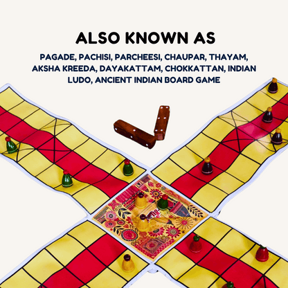 Colorful Pagade Indian board game set by Roll the Dice featuring traditional Pachisi design in four vibrant colors, perfect for family fun.