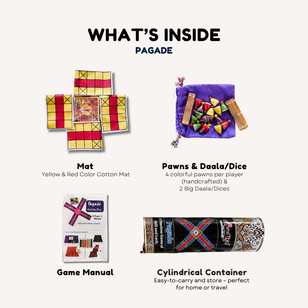 Traditional Pagade Indian board game in four vibrant colors, featuring a classic Pachisi (Parcheesi) set by Roll the Dice.