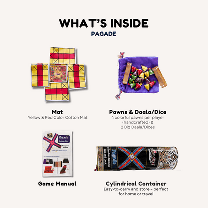 Traditional Pagade Indian board game in four vibrant colors, featuring a classic Pachisi (Parcheesi) set by Roll the Dice.