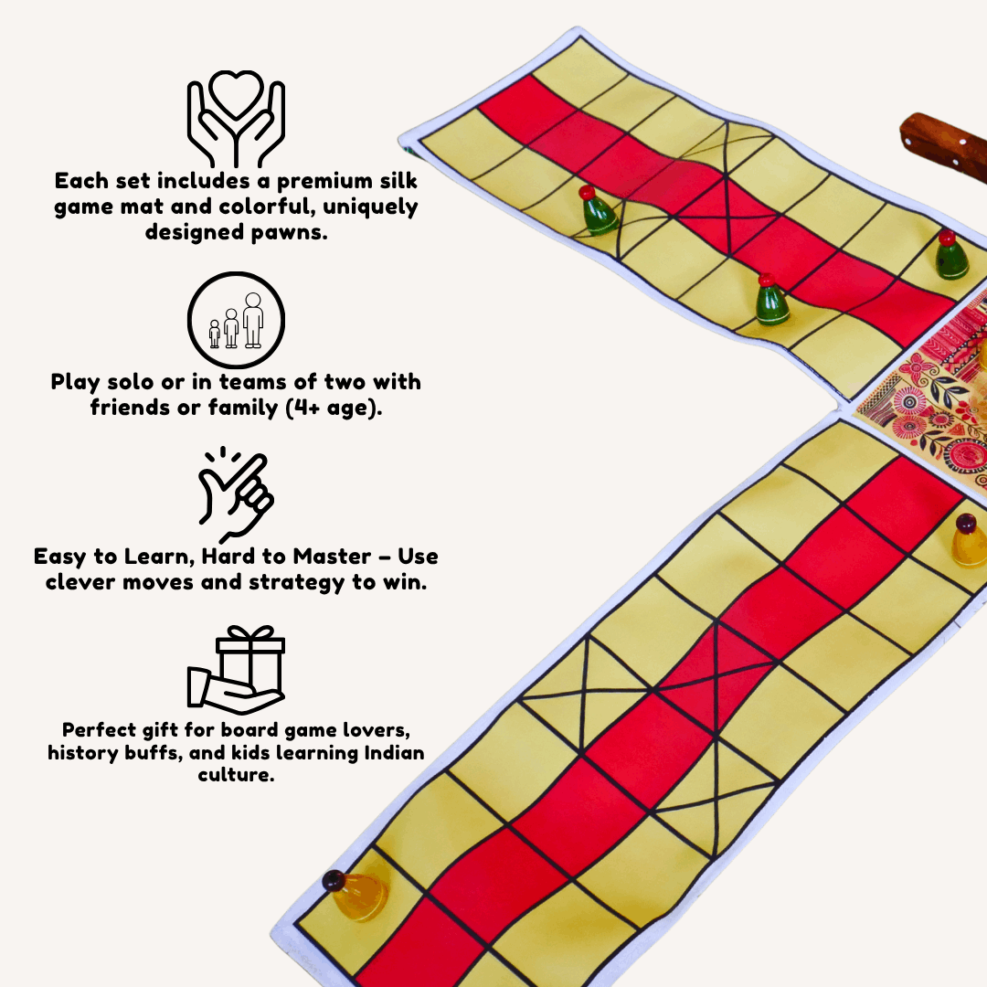 Colorful Pagade Indian board game set by Roll the Dice, featuring traditional Pachisi design with four vibrant color options.