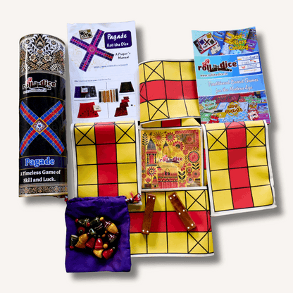 Colorful Pagade Indian board game set by Roll the Dice featuring traditional Pachisi design in four vibrant colors.