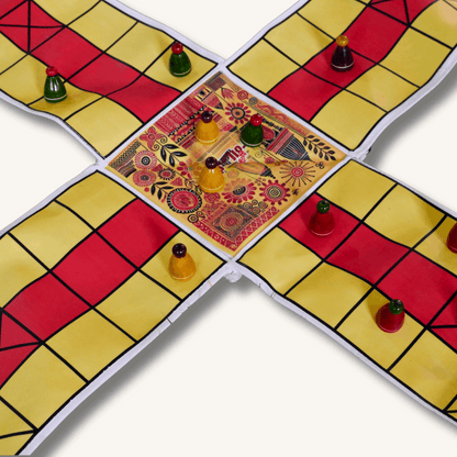Colorful Pagade Indian board game set by Roll the Dice featuring traditional Pachisi design on a wooden board.