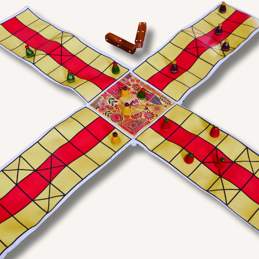 Colorful Pagade Indian board game set by Roll the Dice, featuring traditional Pachisi design in four vibrant colors.