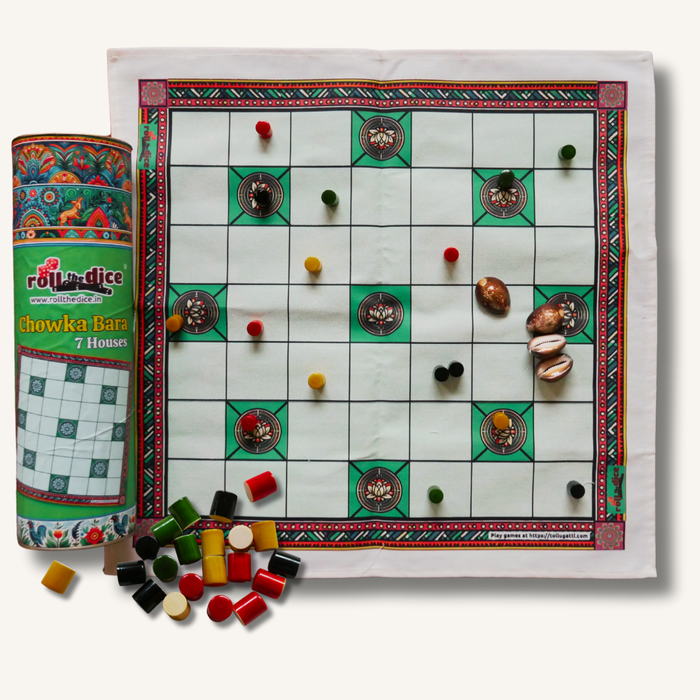 Traditional Chowka Bara board game by Roll the Dice featuring handcrafted pawns and a 7 House edition with classic design.