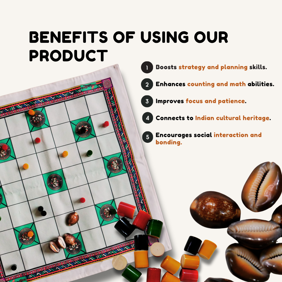 Chowka Bara 7 Houses Traditional Indian Board Game | Handmade Mat & Channapatna Pawns