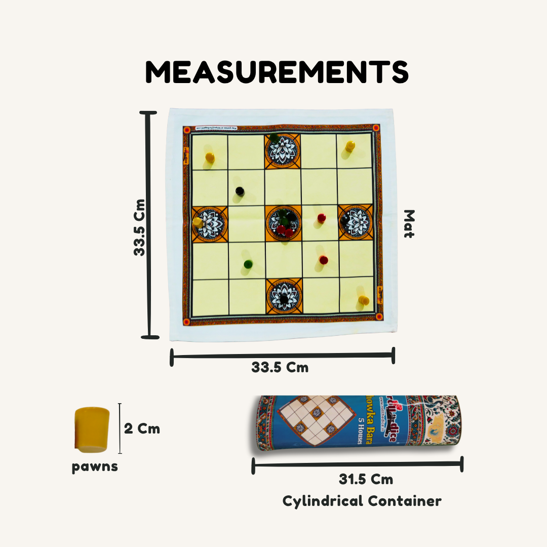 Classic Ashta Chamma 5 House (Chowka Bara) Board Game | Cotton Mat with Colorful Pawns