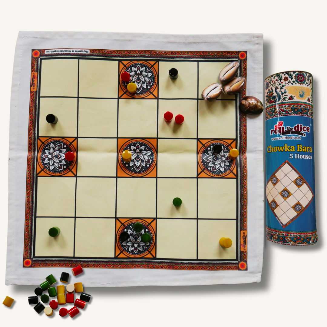 Classic Ashta Chamma 5 House (Chowka Bara) Board Game | Cotton Mat with Colorful Pawns