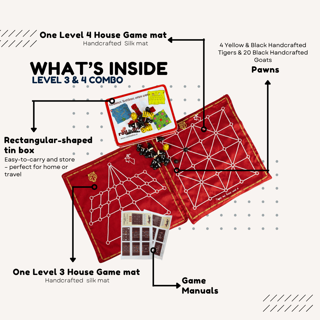 Heritage Aadu Huli board game featuring tiger and goat pieces, played on a traditional Roll the Dice branded game board.