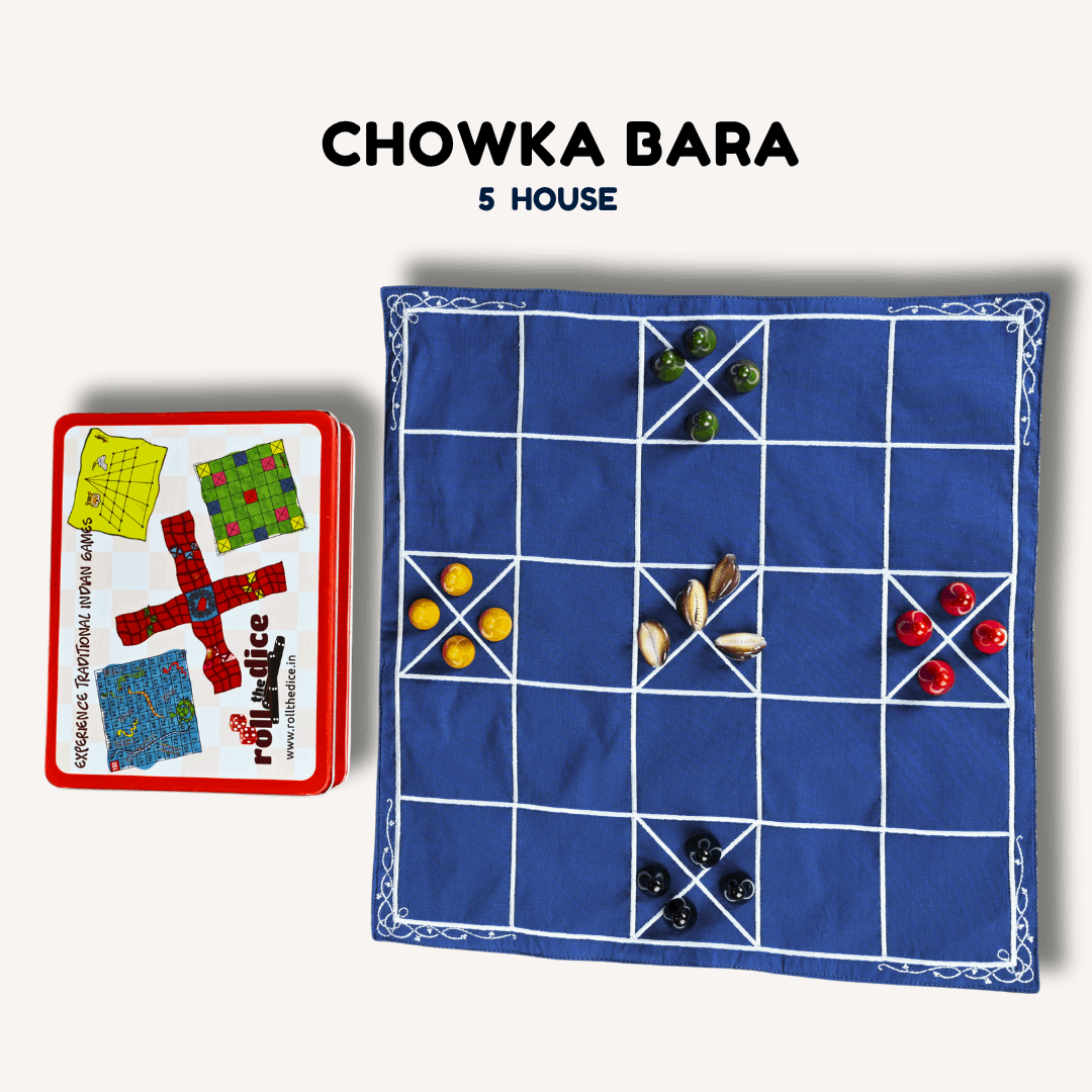 Chomal Ishto 5 & 7 Houses Combo board game by Roll the Dice, featuring traditional Chowka Bara game with colorful pieces and game board.