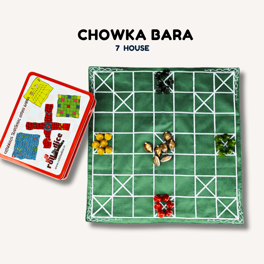 Chomal Ishto 5 and 7 Houses Combo board game by Roll the Dice, featuring traditional heritage Chowka Bara design with colorful game pieces.
