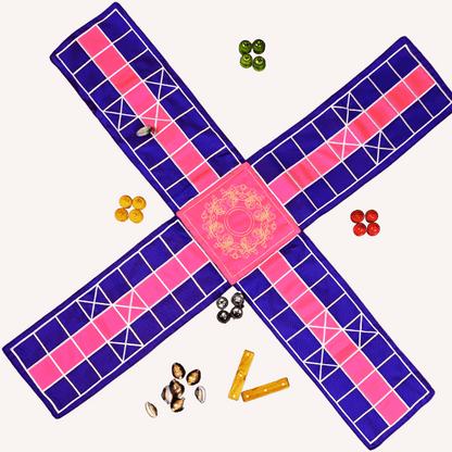 Heritage Pachisi board game by Roll the Dice, featuring a traditional Indian design with colorful game pieces on a wooden board.