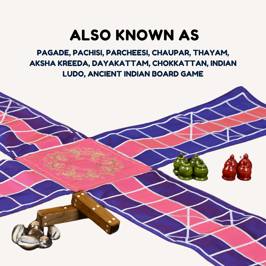 Heritage Pagade Pachisi board game by Roll the Dice, featuring traditional design and colorful game pieces on a wooden board.
