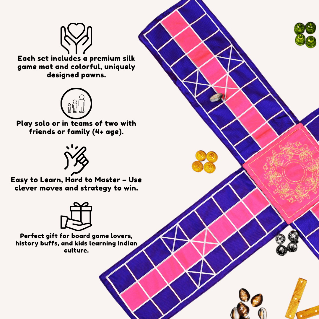 Heritage Pagade Pachisi board game by Roll the Dice, featuring traditional Indian design and colorful game pieces on a wooden board.