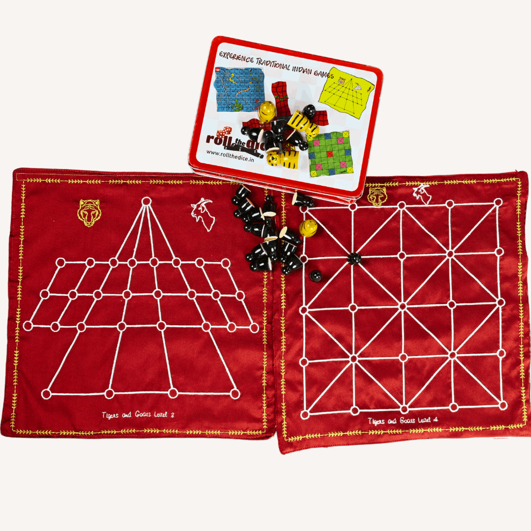 Heritage Aadu Huli board game featuring tiger and goat pieces, part of Roll the Dice's traditional Indian game collection.