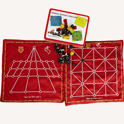 Heritage Aadu Huli board game featuring tiger and goat pieces, part of Roll the Dice's traditional Indian game collection.