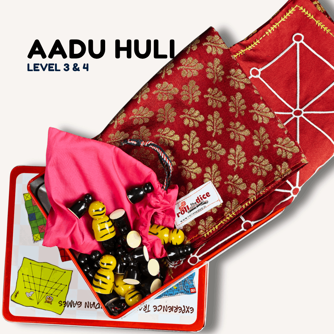 Heritage Aadu Huli board game featuring tiger and goat pieces from Roll the Dice, traditional Indian game for family fun.