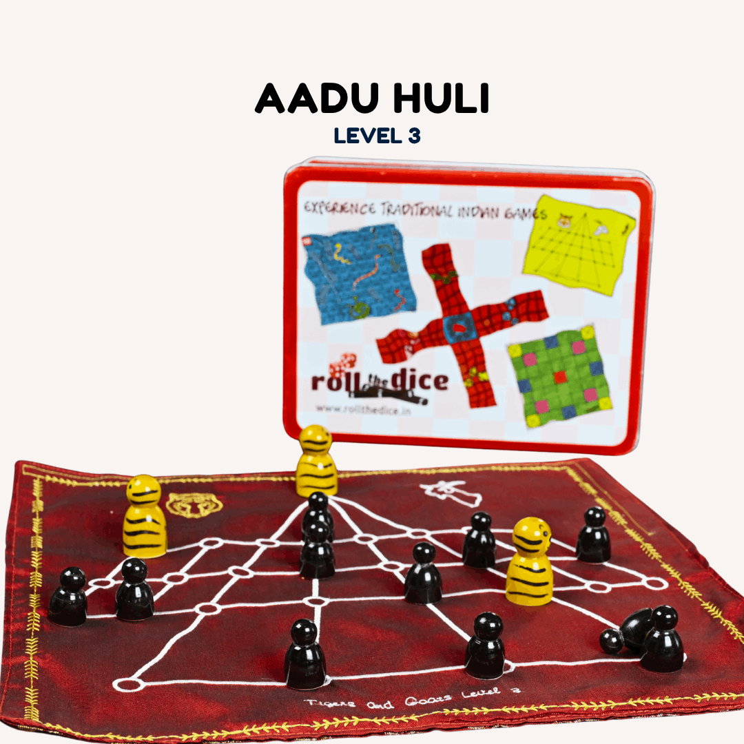 Roll the Dice Bagh aur Bakri board game featuring traditional tiger and goat game pieces on a colorful game board.