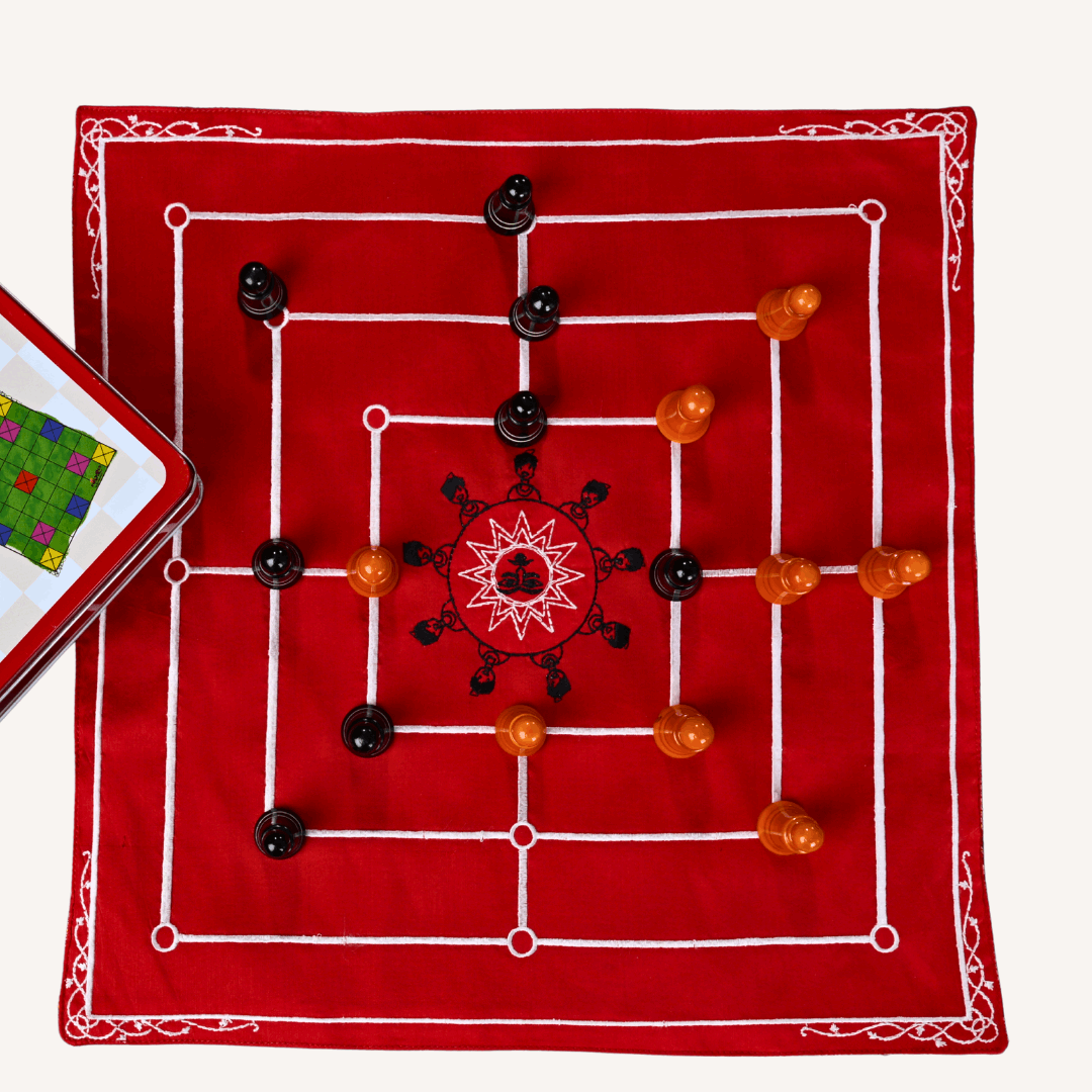 Heritage Navkankari board game by Roll the Dice, featuring traditional Indian motifs and colorful design on a wooden surface.