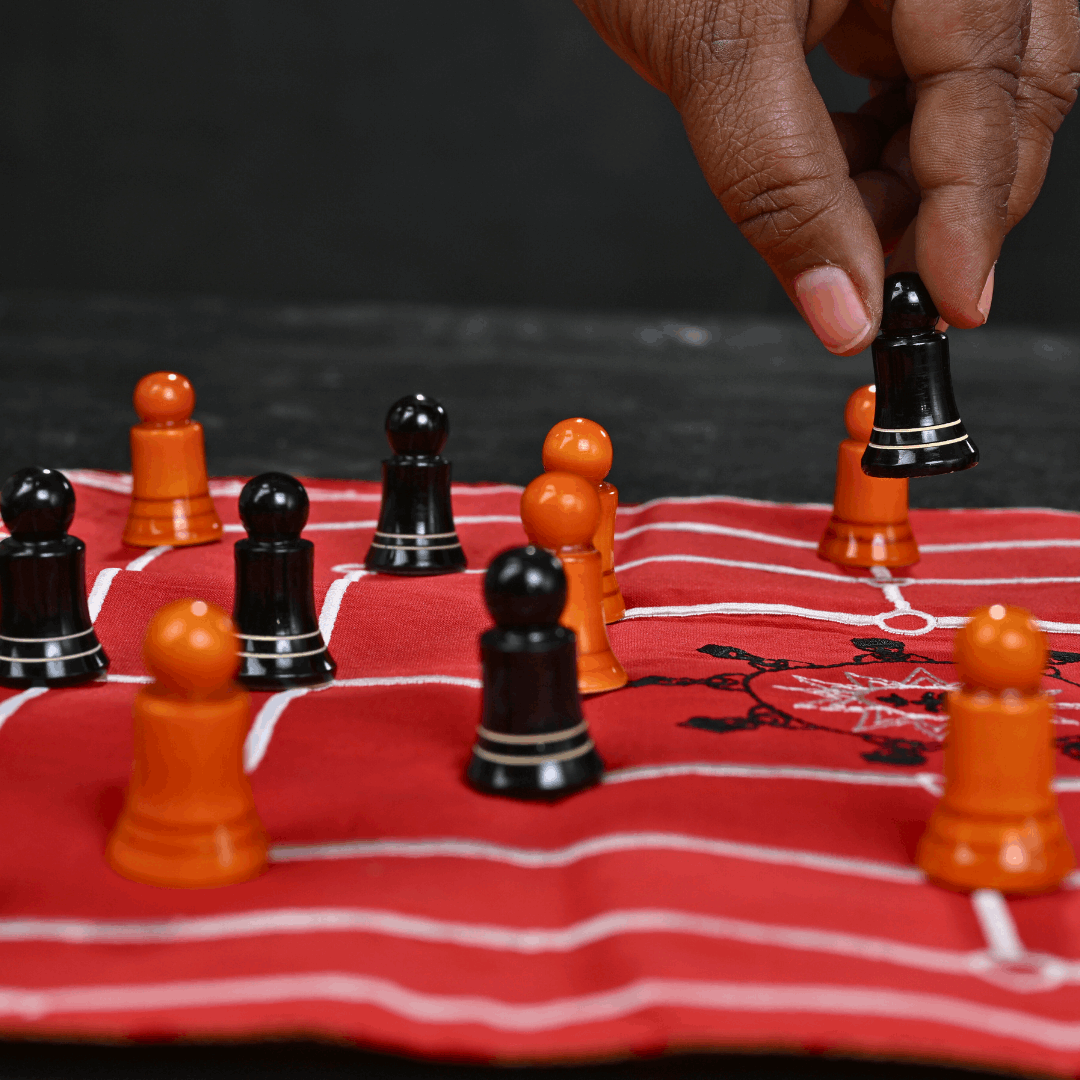 Heritage Navkankari board game by Roll the Dice, featuring traditional design and colorful game pieces on a wooden board.
