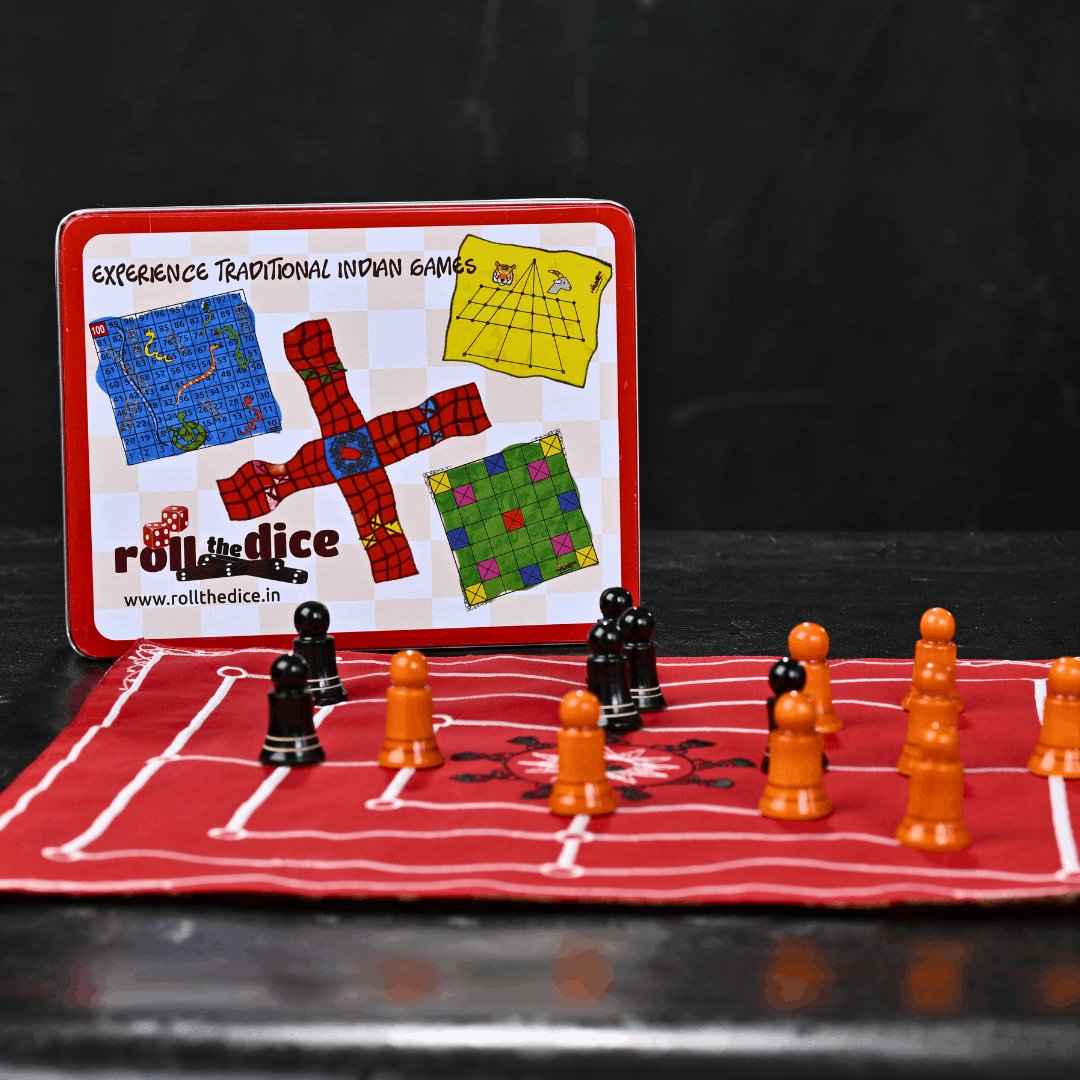 Heritage Navkankari board game by Roll the Dice, featuring traditional Indian design and colorful game pieces on a wooden board.
