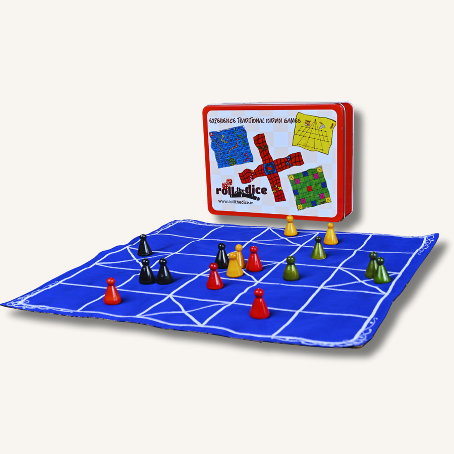 Handcrafted Chowka Bara 5 House Indian traditional board game by Roll the Dice, featuring colorful wooden game pieces on a decorative board.
