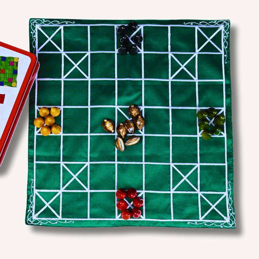 Handmade Chowka Bara 7 Houses Indian board game with traditional mat and Channapatna pawns, featuring colorful game pieces and a wooden board.