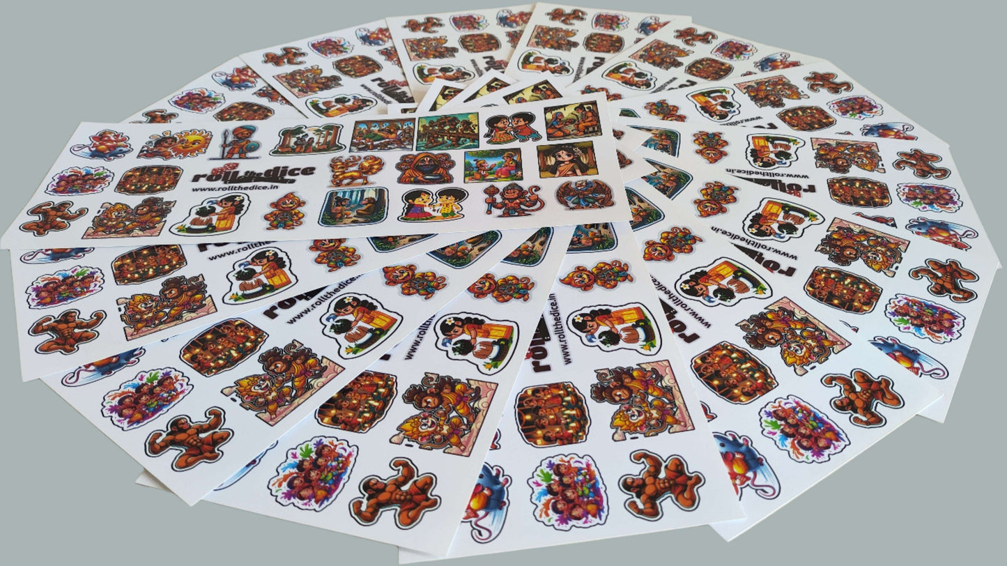 Ramayana sticker pack featuring 10 mythic vinyl decals from Roll the Dice, showcasing colorful characters and intricate designs.
