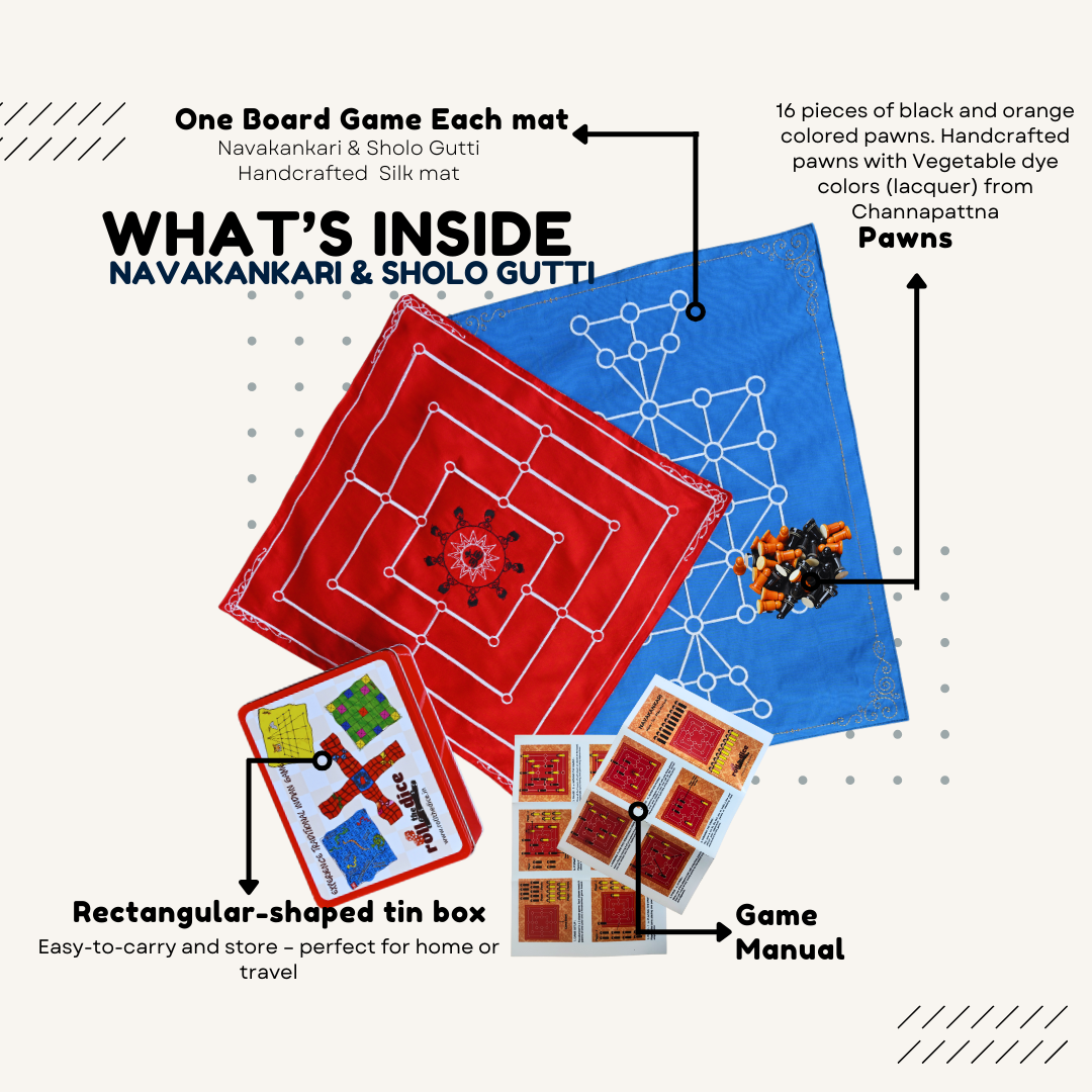 Navakankari & Sholo Gutti Game Set | Traditional Indian Strategy Board Games | Nine Men's Morris + Bead 16 Mat