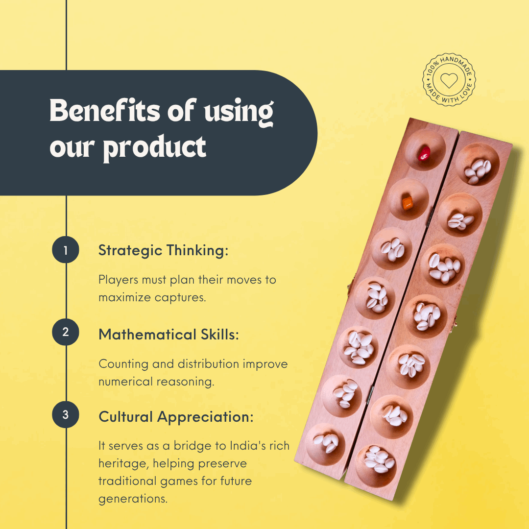 Mahogany wood Pallanguzhi board game with Alaguli Mane design, traditional Indian board game by Roll the Dice.