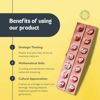 Mahogany wood Pallanguzhi board game with Alaguli Mane design, traditional Indian board game by Roll the Dice.