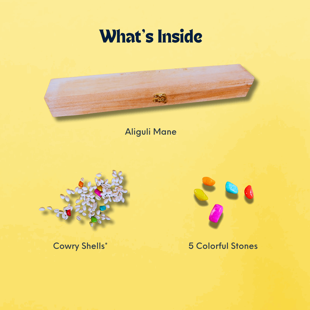 Mahogany Pallanguzhi board game by Roll the Dice, traditional Alaguli Mane game set with carved wooden pegs.