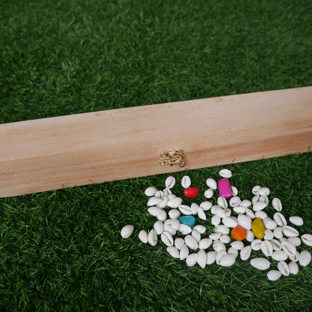 Mahogany wood Pallanguzhi board game with Alaguli Mane design, traditional Indian board game for two players.