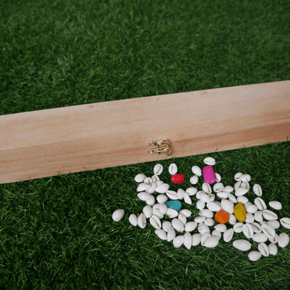 Mahogany wood Pallanguzhi board game with Alaguli Mane design, traditional Indian board game for two players.