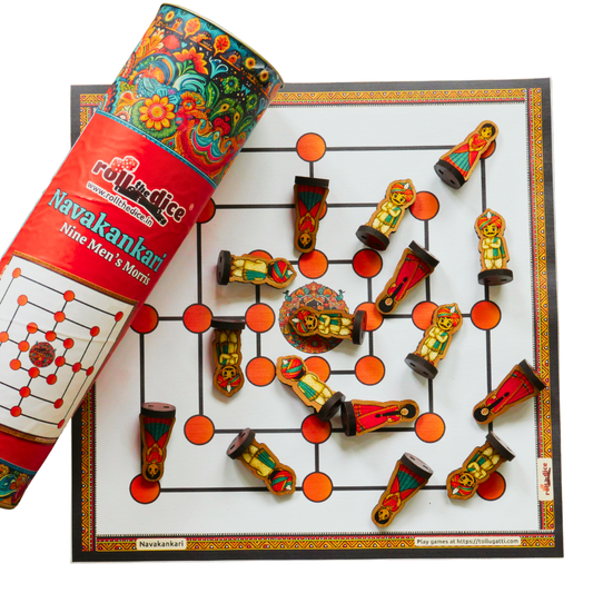 Mills Classic Board Game Set | Nine Men's Morris | Navakankari Strategy Game with 9 Black & 9 White Pawns