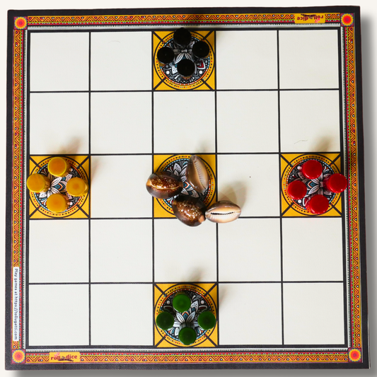 Classic Ashta Chamma 5 House (Chowka Bara) Board Game | Cotton Mat with Colorful Pawns
