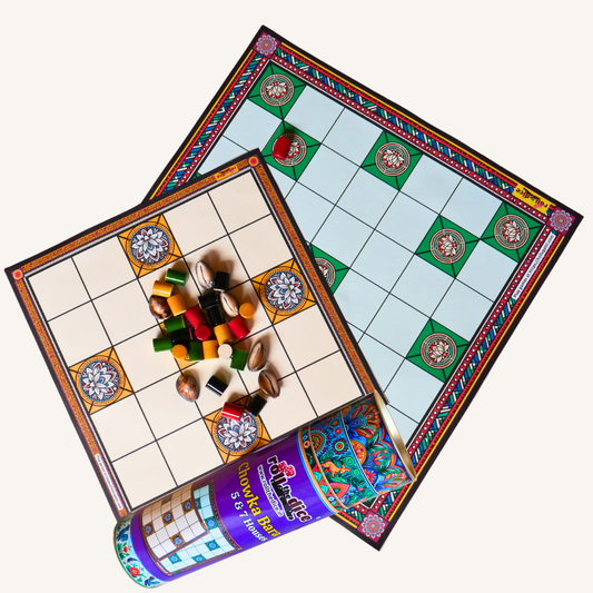 Classic Chowka Bara Board Game | 5 & 7 House Combo Set with Durable Mat and Pawns