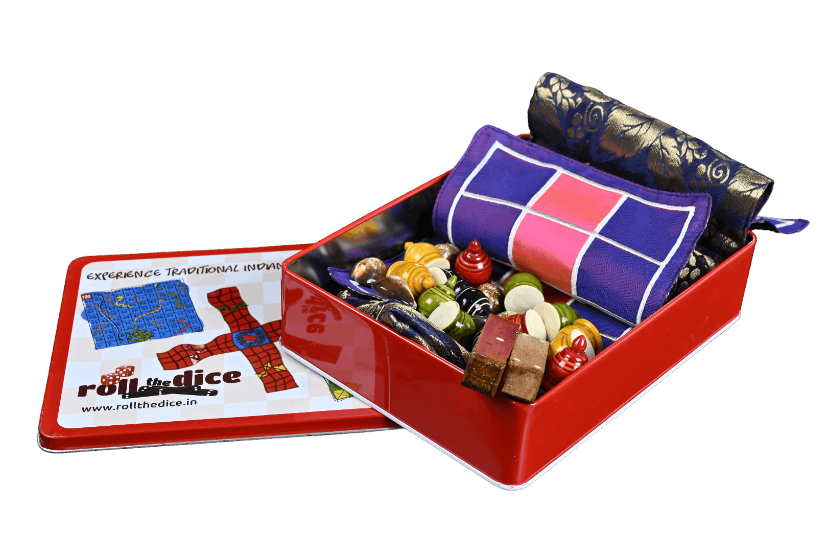 Pachisi board game by Roll the Dice in a gift box, featuring traditional design and game pieces for family fun.