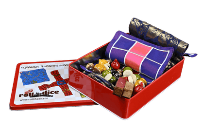 Pachisi board game by Roll the Dice in a gift box, featuring traditional design and game pieces for family fun.