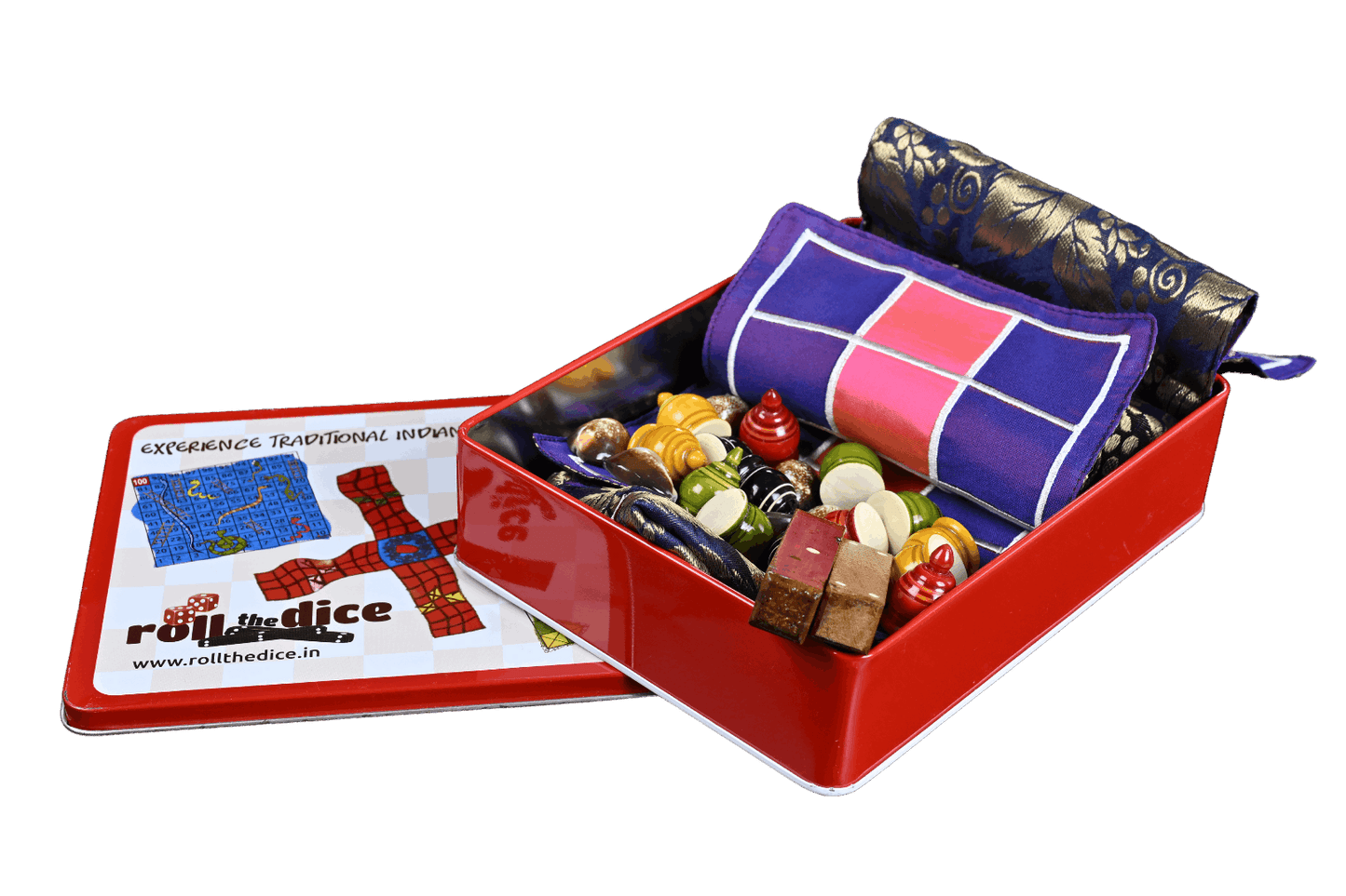 Pachisi board game by Roll the Dice in a gift box, featuring traditional design and game pieces for family fun.