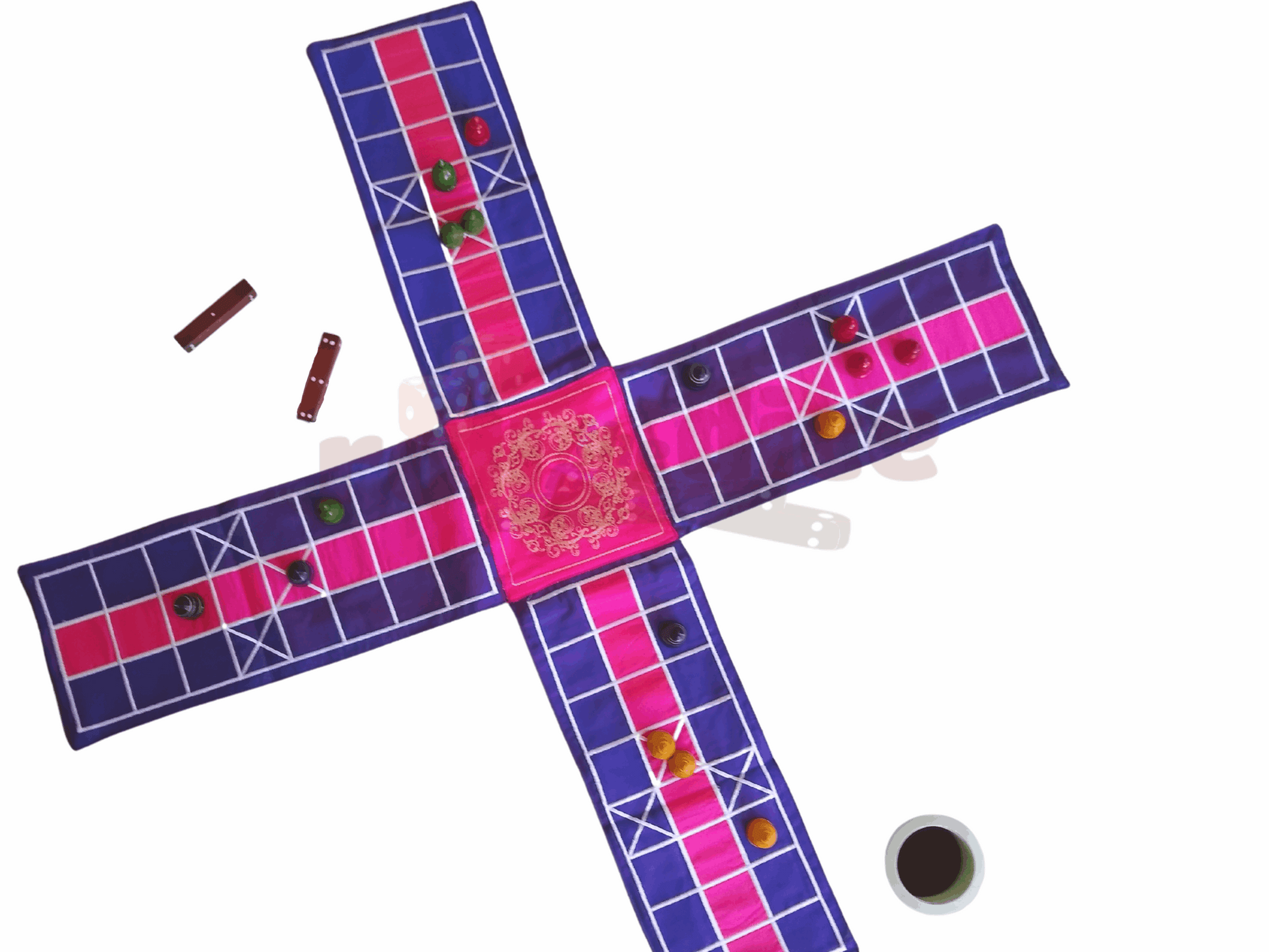 Colorful Pachisi board game by Roll the Dice, featuring traditional Indian Ludo-style gameplay with vibrant pieces and a decorative board.