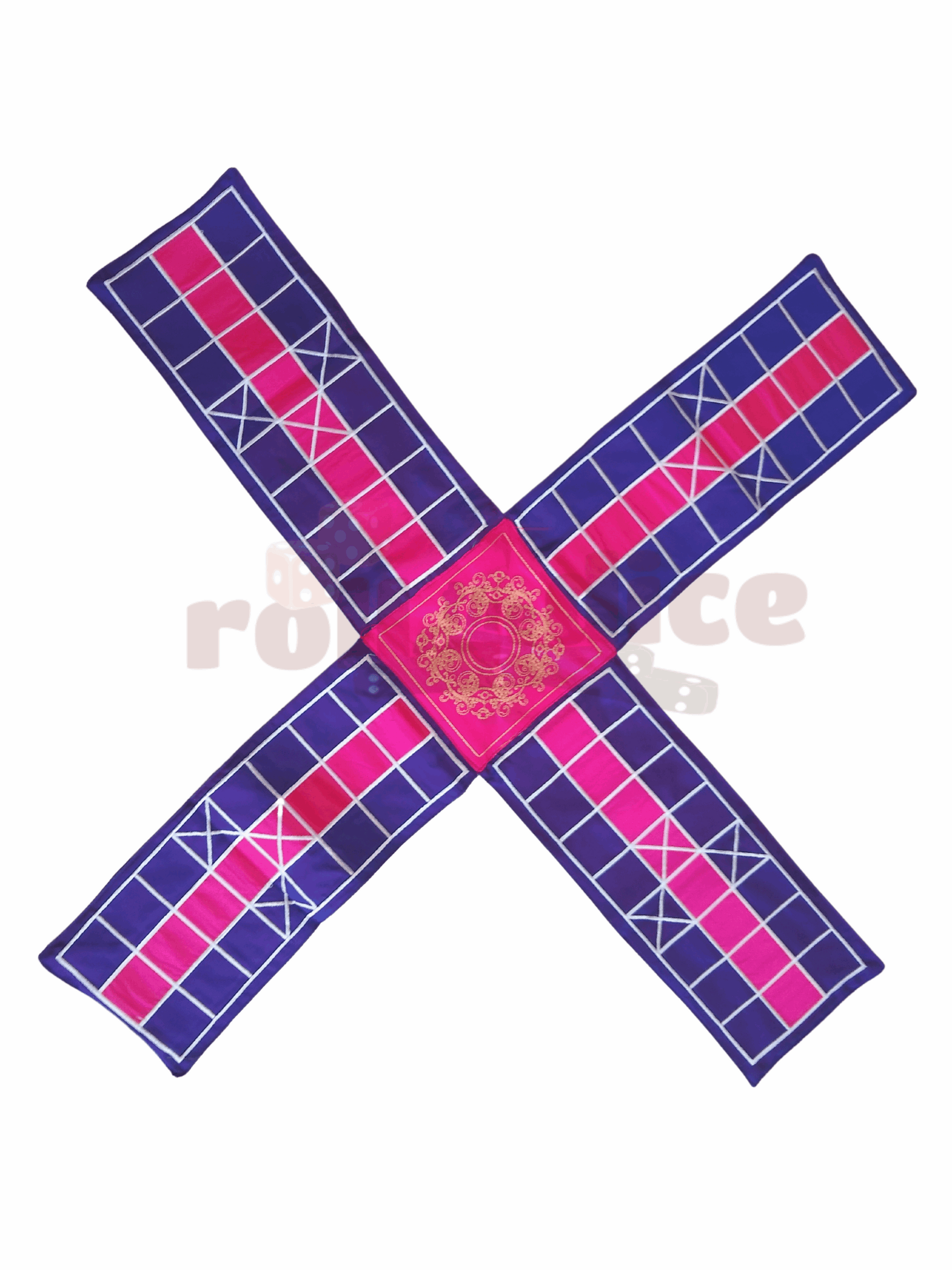 Colorful Pachisi board game by Roll the Dice, featuring traditional Indian design, for boys aged 7-14, with game pieces and dice.
