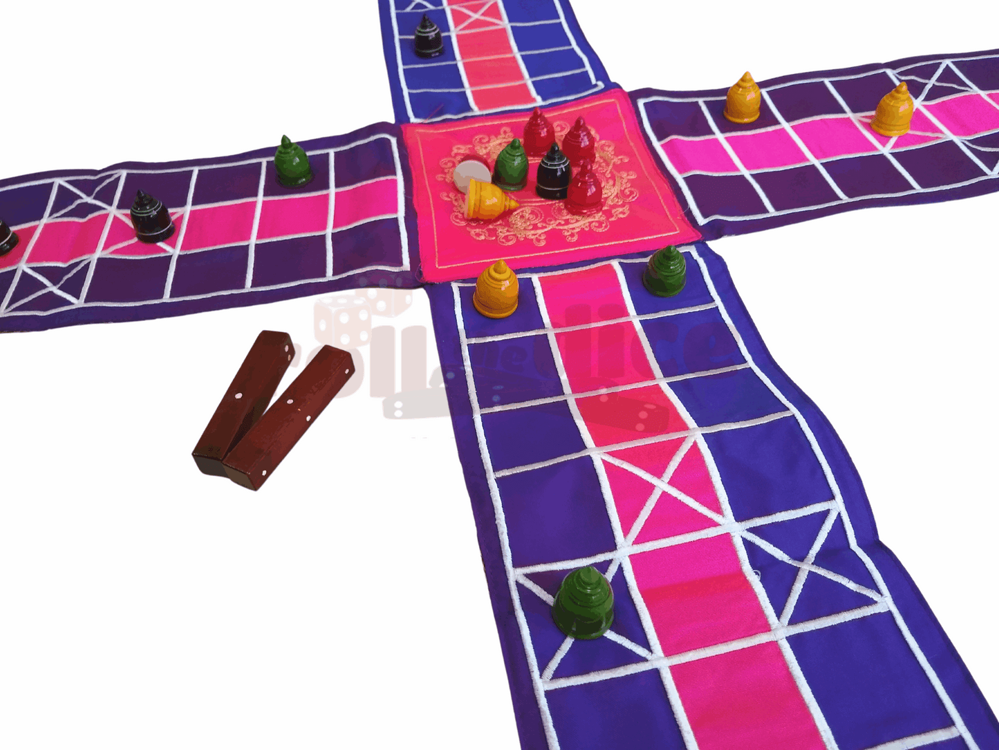 Roll the Dice Pachisi board game with colorful game pieces and traditional design for family fun and strategic play.