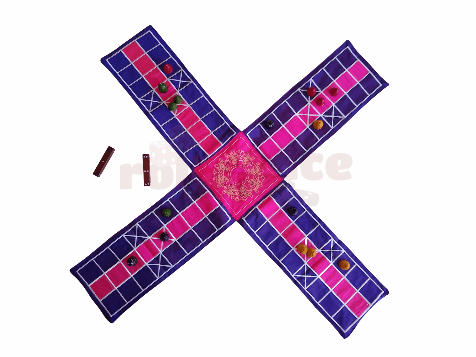 Roll the Dice Pachisi board game, traditional Indian ludo-style game with colorful wooden pieces on a decorative board.