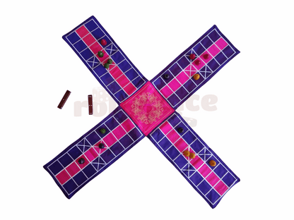 Roll the Dice Pachisi board game, traditional Indian ludo-style game with colorful wooden pieces on a decorative board.